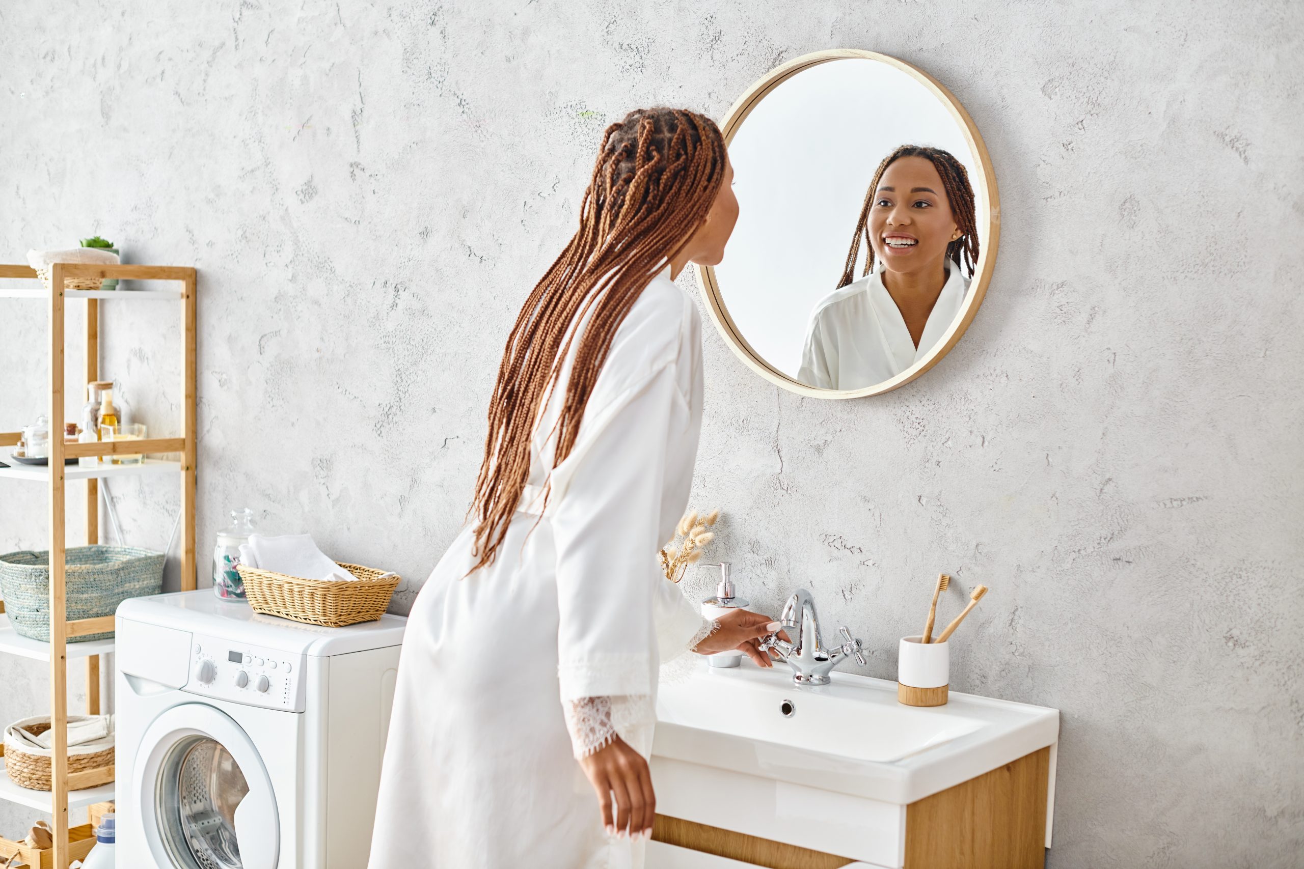 African,American,Woman,In,Bathrobe,With,Afro,Braids,Stands,In